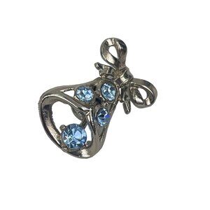 Vintage Bell Pendant With Bow & Blue Gemstones Silver-Toned Metal Elegant Charm